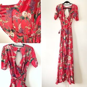 ASOS tall 6 tea dress maxi floral wrap dress with open back and ruffle detail